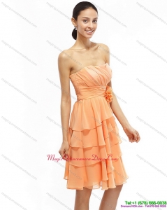 New Arrival 2015 Strapless Short Dama Dresses with Ruching and Hand Made Flower