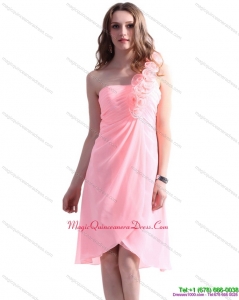 New Arrival Baby Pink One Shoulder Dama Dresses with Ruching and Hand Made Flowers