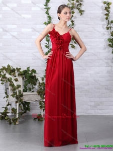 New Arrival Spaghetti Straps Long Dama Dresses with Ruching and Hand Made Flowers
