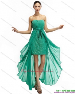 New Arrival Turquoise High Low Beading Dama Dresses with Ruching and Bowknot