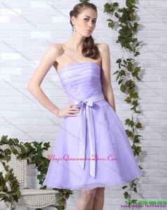 New Arrival Lilac Strapless Ruching Mini Length Dama Dresses with Bowknot