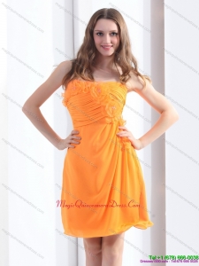 2015 New Arrival Strapless Orange Dama Dress with Hand Made Flowers and Ruching