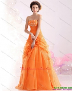 2015 New Arrival Strapless Orange Red Dama Dress with Hand Made Flowers and Beading