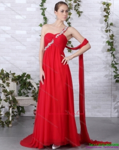 New Arrival 2015 One Shoulder Red Dama Dress with Beadings and Brush Train