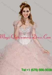 Best Baby Pink Organza Open Front Quinceanera Jacket with Ruffles and Beading