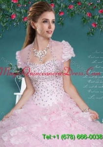 Fashionable Baby Pink Organza Quinceanera Jacket with Beading and Ruffles
