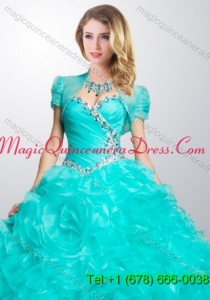 Gorgeous Turquoise Organza Quinceanera Jacket with Ruffles and Beading