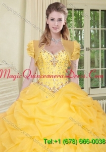 Top Selling High Quality Instock Yellow Quinceanera Jacket with Beading and Ruffles