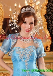 Fashionable Open Front Appliques Baby Blue Quinceanera Jacket