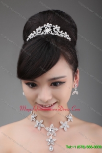 Rhinestone Jewelry Set Including Necklace Crown And Earrings With Intensive Flower