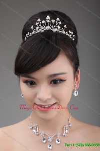 Elegant Rhinestone Wedding Jewelry Set Including Drop Necklace Earrings And Crown