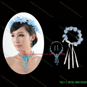 Blue Flowers Rhinestone Jewelry Set Including Necklace and Earrings