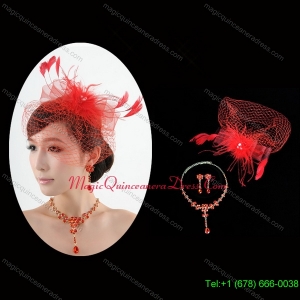 Red Crystal Wedding Jewelry Set with Necklace and Feather Headpiece