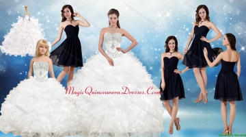White Ball Gown Quinceanera Dress and Black Sweetheart Short Dama Dresses and Beading and Ruffles Little Girl Dress