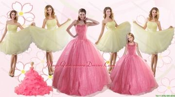 Rose Pink Beading Ball Gown Quinceanera Dress and Strapless Knee Length Dama Dresses and Halter Top Little Girl Dress