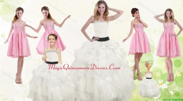 White Strapless Beading Quinceanera Dress and Baby Pink Short Beading Prom Dresses and Affordable Little Girl Pageant Dress with Beading and Ruffles
