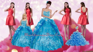 Embroidery and Pick Ups Quinceanera Dress and Ruching Short Dama Dresses and Spaghetti Straps Teal Little Girl Dress