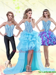 Aqua Blue High Low 2015 Dama Dress with Beading and Ruffles