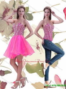 Discount 2015 A Line Mini Length Hot Pink Dama Dress with Beading