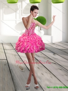 Discount Mini Length Sweetheart Beading and Ruffles Dama Dress for 2015