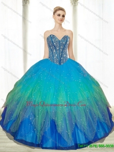 2015 Custom Made Beading Sweetheart Tulle Turquoise Quinceanera Dresses