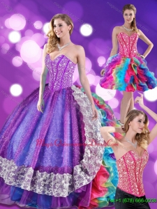 2015 Custom Made Beading and Ruffles Sweetheart Quinceanera Dresses in Multi Color