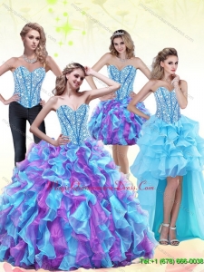 2015 Fashionable Beading and Ruffles Sweetheart Quinceanera Dresses in Multi Color