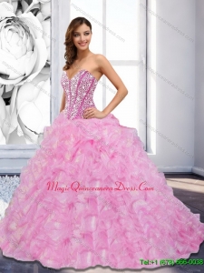 Custom Made 2015 Sweetheart Beading and Ruffles Rose Pink Quinceanera Dresses