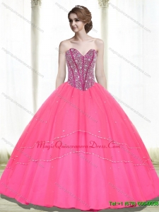 2015 Hot Sale Ball Gown Beading Sweetheart Hot Pink Quinceanera Dresses