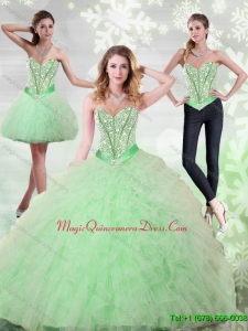 2015 Hot Sale Beading and Ruffles Sweetheart Quinceanera Gown in Apple Green