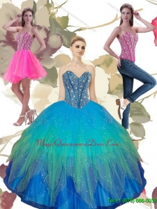 2015 Puffy Beading Sweetheart Tulle Quinceanera Dresses in Turquoise