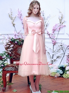 Comfortable Square Half Sleeves Bowknot Dama Dress in Baby Pink