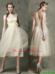 Gorgeous Straps Champagne Dama Dress with Appliques and Hand Made Flowers