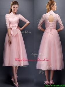 Luxurious Laced High Neck Half Sleeves Dama Dress with Bowknot