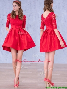 Romantic Bowknot and Laced Scoop Half Sleeves Dama Dress in Red