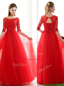 See Through Scoop Half Sleeves Red Dama Dress with Lace and Belt