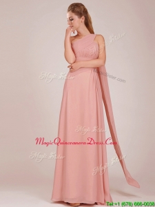 Elegant Empire One Shoulder Ruched Peach Long Dama Dress