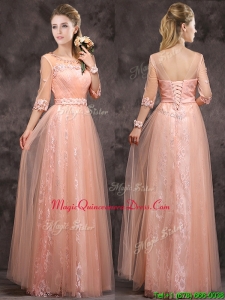 Exquisite See Through Applique and Laced Long Dama Dress in Peach