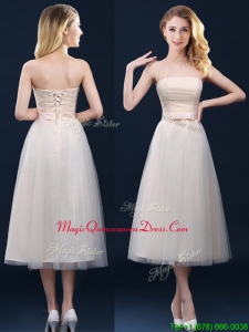 Low Price Strapless Belt Champagne Long Dama Dress in Tulle