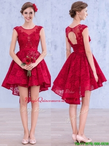 See Through Scoop High Low Wine Red Dama Dress with Lace