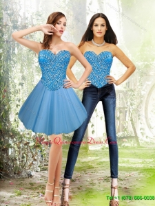 Discount Short 2015 Sweetheart Tulle Blue Dama Dress with Beading