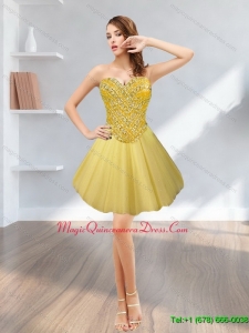 Discount Tulle Short Sweetheart Beading 2015 Gold Dama Dress