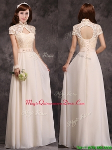Hot Sale High Neck Champagne Dama Dress with Appliques and Lace