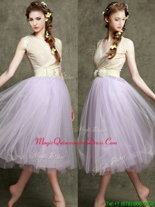 New Style Lavender V Neck Dama Dress with Bowknot and Belt