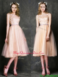 Romantic Laced and Sashed Scoop Dama Dress in Peach