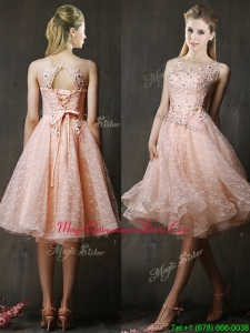 See Through Beaded and Applique Peach Dama Dress with Polka Dot