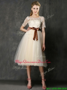 See Through Scoop Short Sleeves Dama Dress with Bowknot and Lace