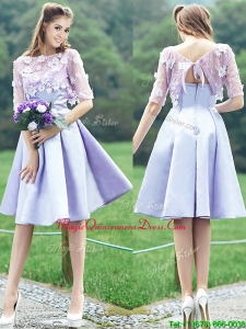 New Style Bateau Half Sleeves Lavender Dama Dress with Appliques