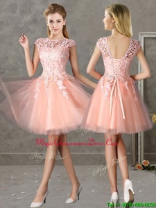 New Style Bateau Peach Short Dama Dresses with Lace