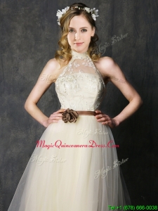 Sweet High Neck Champagne Dama Dresses with Hand Made Flowers and Lace